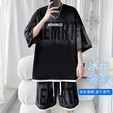 2024夏季新款旋律风车大码冰丝印花短袖套装M-5XHQ24502-P75，男装休闲套装，电商A022