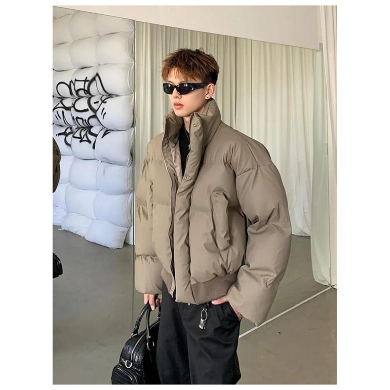 现货5W件冬季三防重磅硬挺boxy短款羽绒立领PU皮棉衣外套加厚棉服,男装棉衣,电商A443
