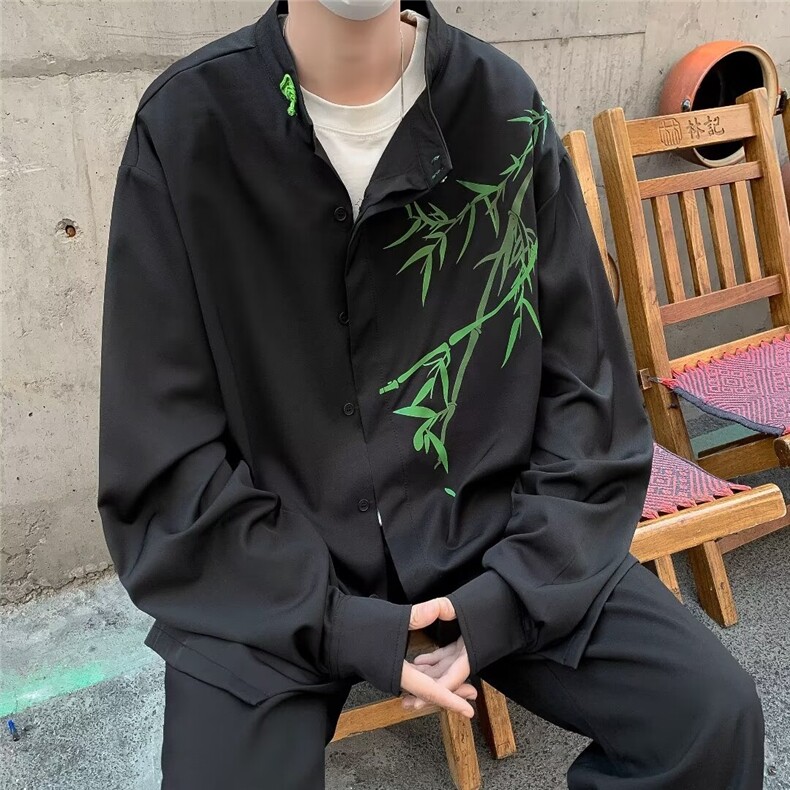 新中式风盘扣油画翠竹印花衬衫男女春秋高级感法式内搭长袖衬衣,男装衬衫,星座601-2