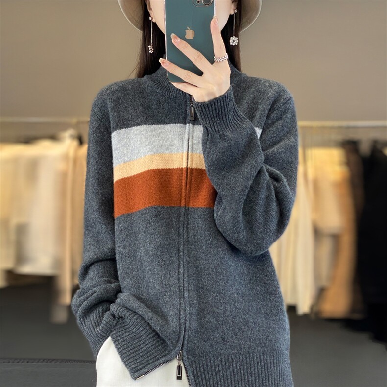 双拉链撞色开衫2024年秋季百搭显瘦长袖羊毛衫,女装羊毛衫,暖娇绒