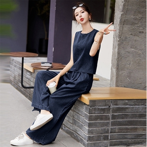 时尚蕾丝花边牛仔套装女2025春季新款超火穿搭短外套阔腿裤两件套图片