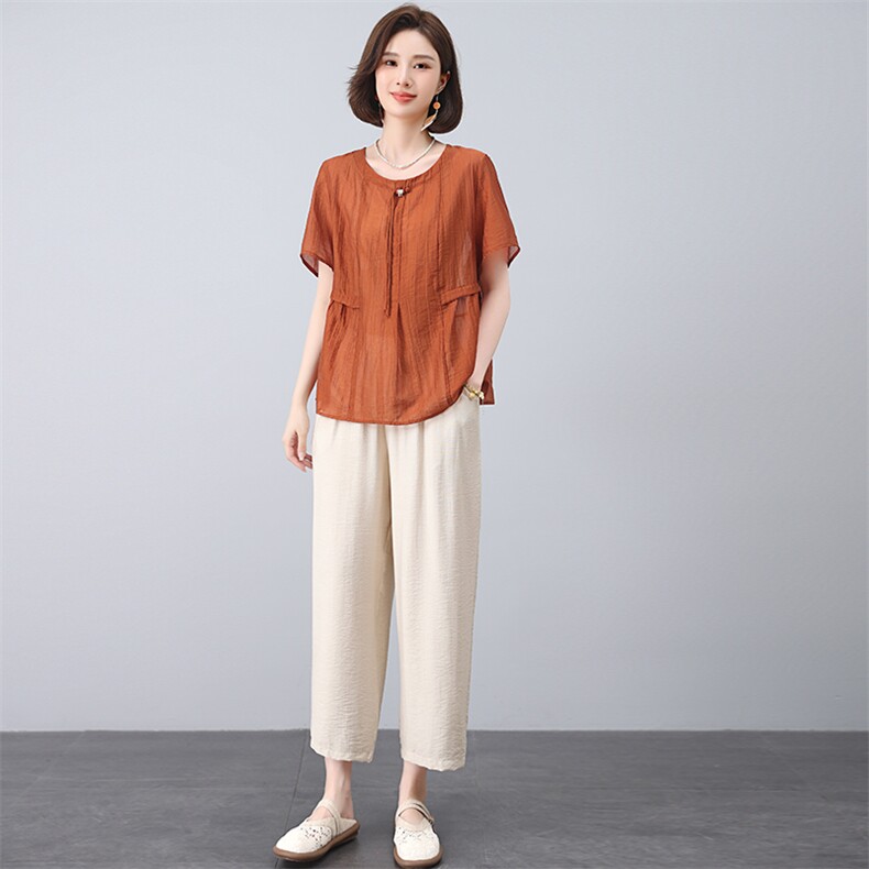 套装女2025年夏季新款时尚宽松中年妈妈大码棉麻九分裤两件套,女装套装/套裙,江忆布依