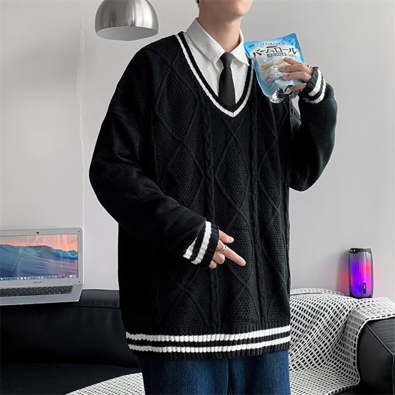 流行青少年潮长袖休闲简约常规秋季套头撞色条纹V领冬季M76,男装针织衫/毛衣,星座506
