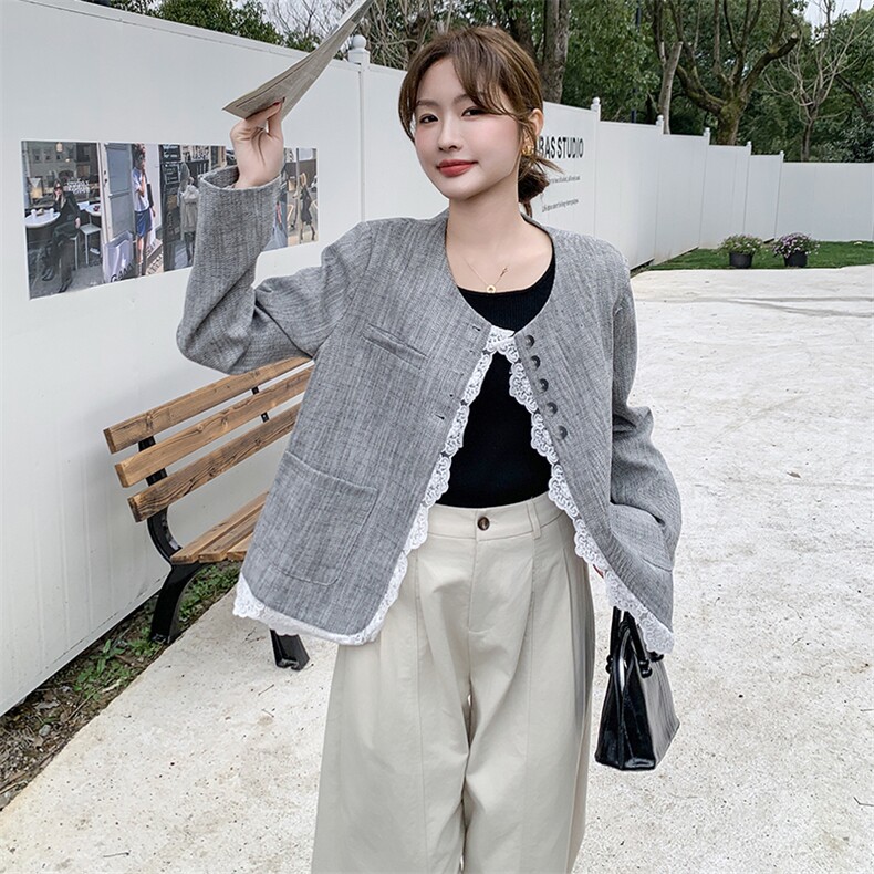 现货：春装新款韩系高级拼蕾丝花边休闲外套2C135-6882P140K208,女装短外套,2C135