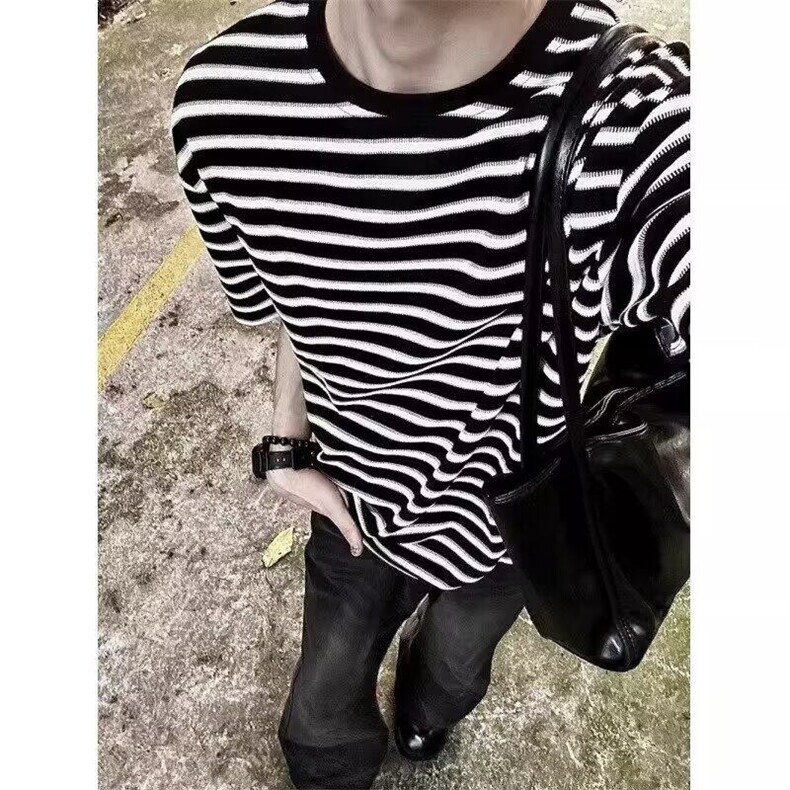 条纹圆领短袖t恤男女款夏季韩版简约基础款休闲宽松百搭半袖上衣,男装T恤,星座506A
