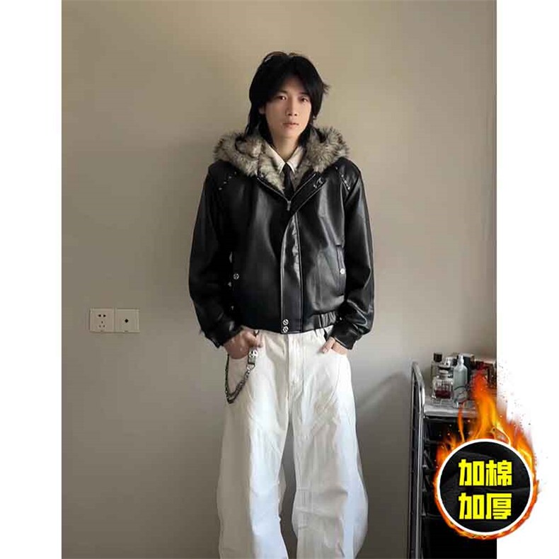 现货冬季美式潮牌痞帅PU皮机车服棉衣毛毛绒狼王座山雕皮棉服,男装棉衣,电商A486