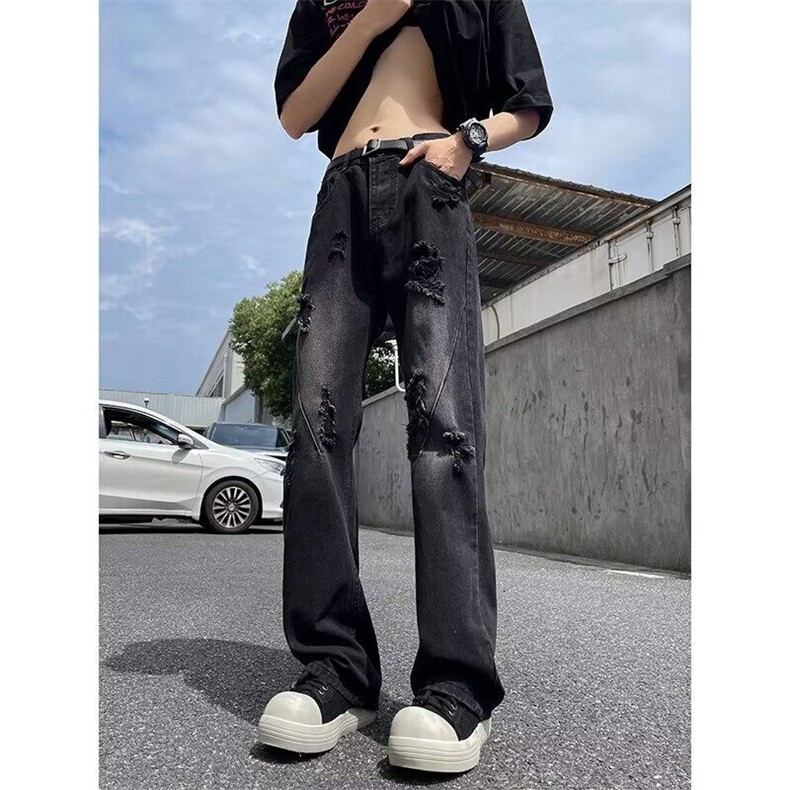 美式街头水洗做旧破洞牛仔裤男直筒宽松高街vibe风长裤10955-P42,男装牛仔裤,星座1008
