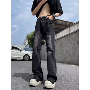 美式街头水洗做旧破洞牛仔裤男直筒宽松高街vibe风长裤10955-P42