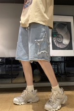 8XL-M特大码夏季美式高街五角星牛仔短裤港风宽松五分裤DK1513P40，男装休闲裤，电商D206-1
