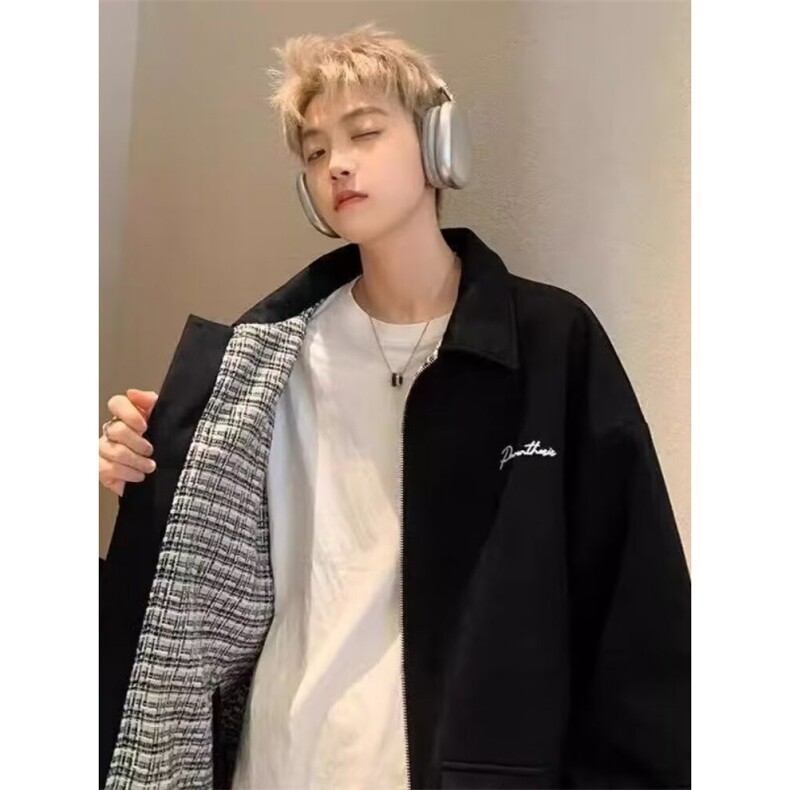 美式复古外套男春秋款痞帅高级感双面穿高中生青少年翻领休闲夹克,男装夹克,星座506A