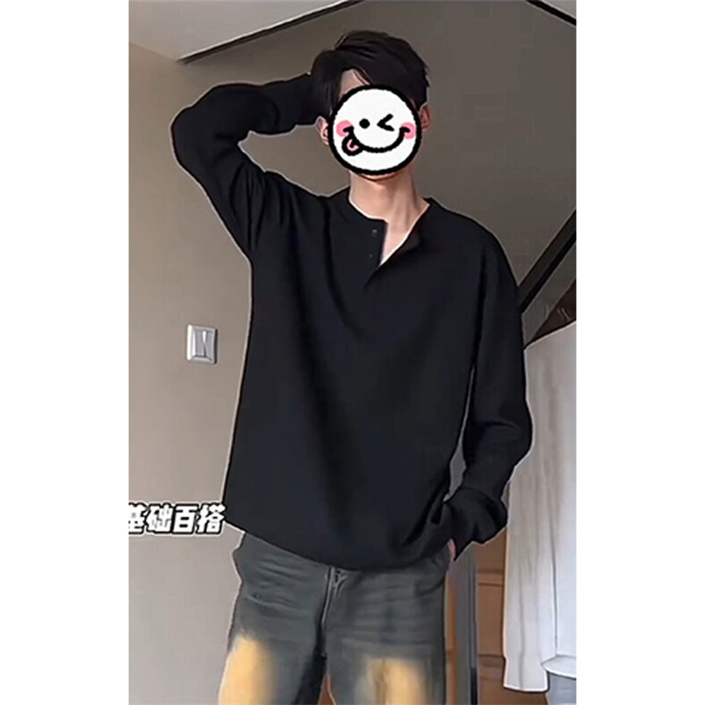 特批P19无差价秋季抖音华夫格长袖T恤男美式纯色打底衫T1748图片