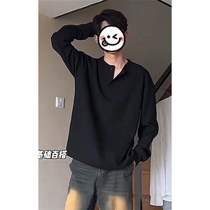 特批P19无差价秋季抖音华夫格长袖T恤男美式纯色打底衫T1748图片