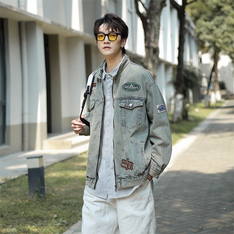 潮牌机车风绣标牛仔外套男美式复古做旧翻领棒球服NZ1721-P75，女装职业装，星座310B