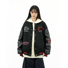 美式复古撞色棒球服外套男女宽松2026春秋情侣潮牌皮袖夹克，男装夹克，星座715-4