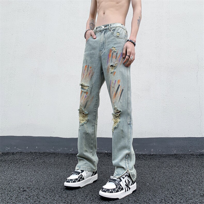 B221美式ins高街暗黑小众拉链喷墨破洞牛仔裤LK23085-P65控88,男装牛仔裤,电商B221