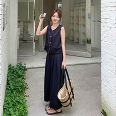 藏青色盐系木耳边套装女2025年夏季新款气质通勤马甲阔腿裤两件套，女装套装/套裙，纯色衣恋