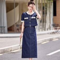 牛仔裙休闲套装女2025夏季时尚新款显瘦薄款短袖上衣半身裙两件套，女装套装/套裙，凯瑟曼