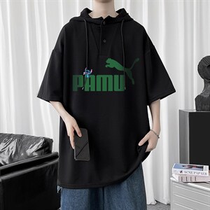LD54227-P45 连帽短袖t恤男大码胖子带帽五分袖中袖图片