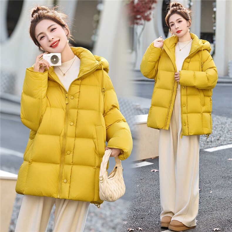 2025冬装新款简约时尚中长款连帽休闲羽绒服，女装羽绒服，沁沁公主