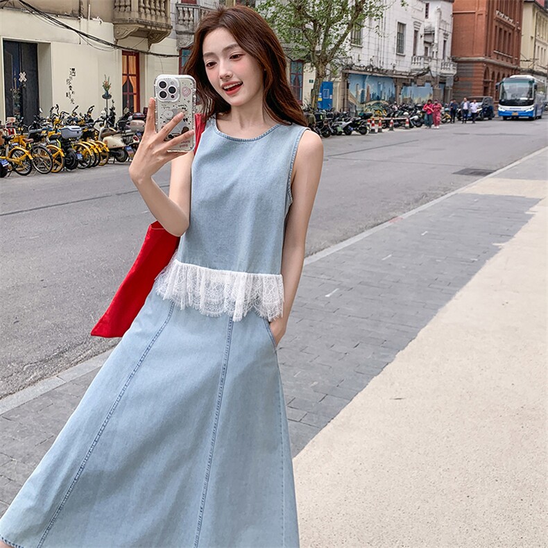 现货-2025年夏季新款蕾丝拼接牛仔两件套裙P155-K218，女装套装/套裙，帛锦泉