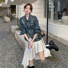 2025秋季新款韩版宽松水洗复古破洞中长款牛仔外套上衣女街拍显瘦，女装短外套，2C253