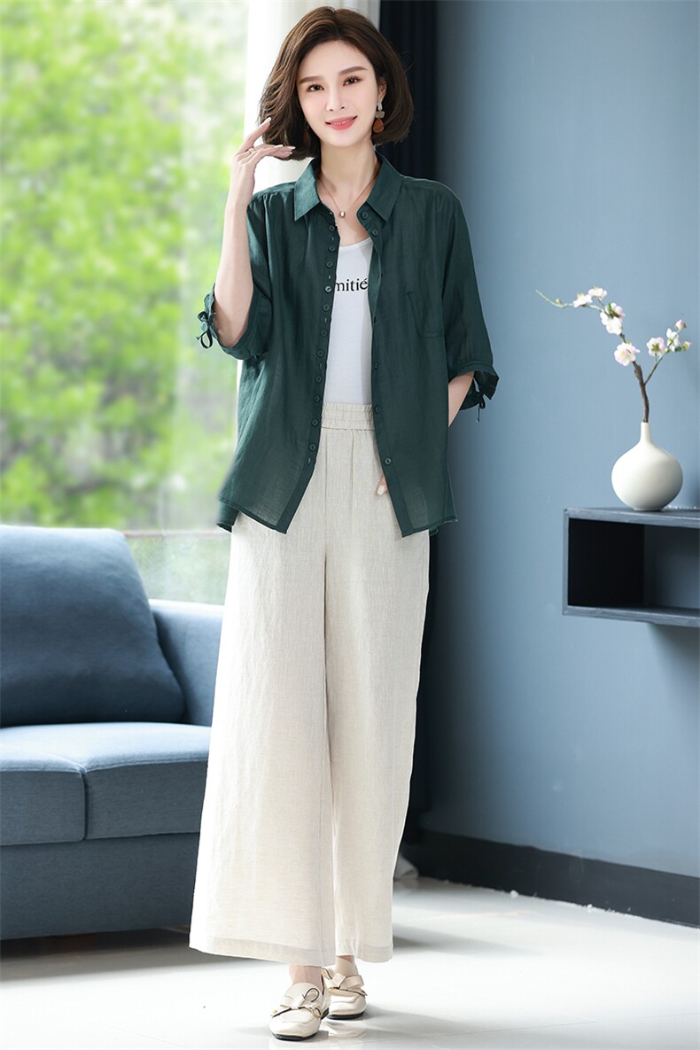 棉麻衬衫女2025夏季新款宽松大码休闲短袖衬衣苎麻妈妈减龄上衣薄,女装套装/套裙,丽影随形
