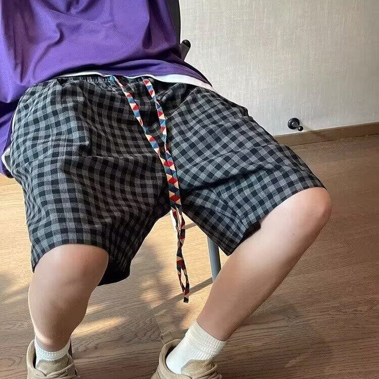 网图现货 美式宽松复古深灰色格子休闲短裤男DK14/P35图片