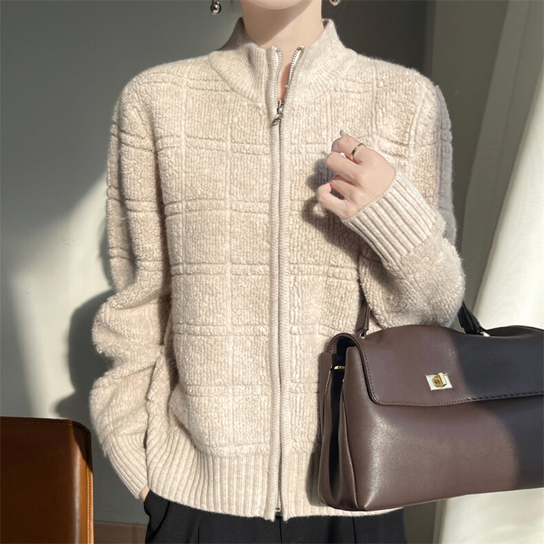 女士毛巾绣方格拉链半高领羊毛衫羊毛，女装羊毛衫，东远绒业