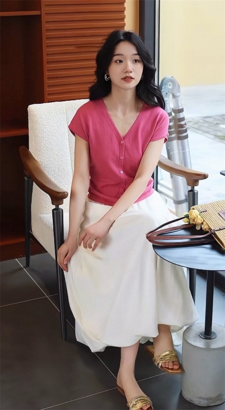 树莓粉夏季轻薄打褶收腰显瘦V领小飞袖针织上衣,针织衫/毛衣,湘姗