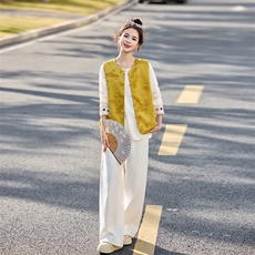现货！2026春装新款新中式复古两面穿提花马甲上衣两件套，女装套装/套裙，魅影