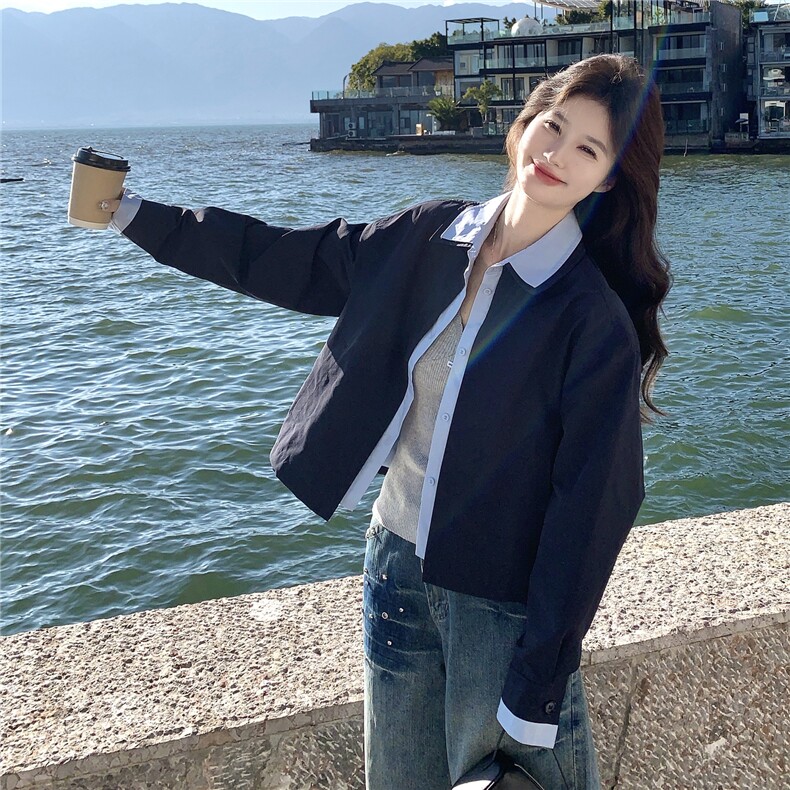 蓝色撞色衬衫领短款夹克外套女2026春秋新款韩系时髦减龄夹克显白,女装短外套,艾米莉亚