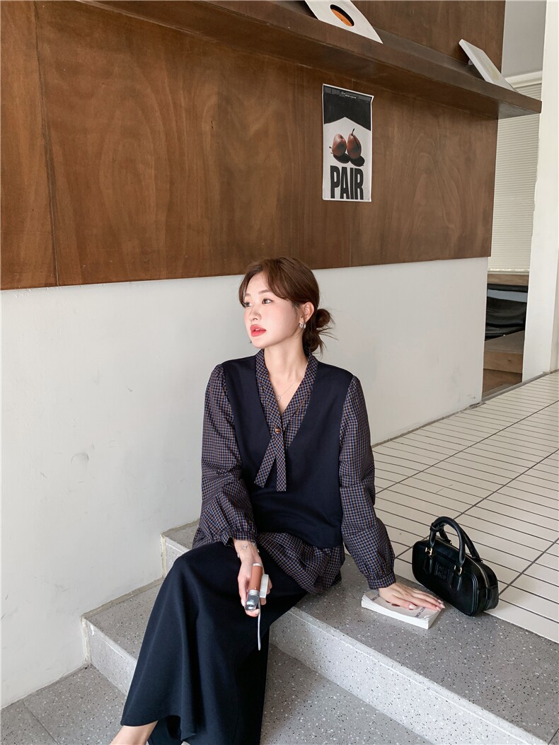 设计感假两件格子上衣套装女2025秋新款韩系休闲显瘦半身裙两件套,女装套装/套裙,2D034