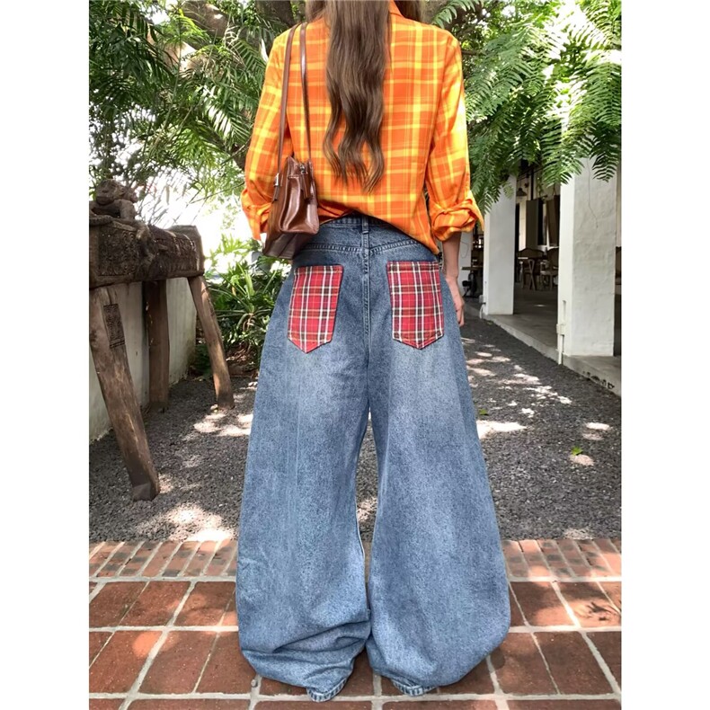 美式炸街配腰绳格子拼接牛仔裤男女小众复古阔腿直筒拖地长裤,男装牛仔裤,星座410-6（原星座1304-1）