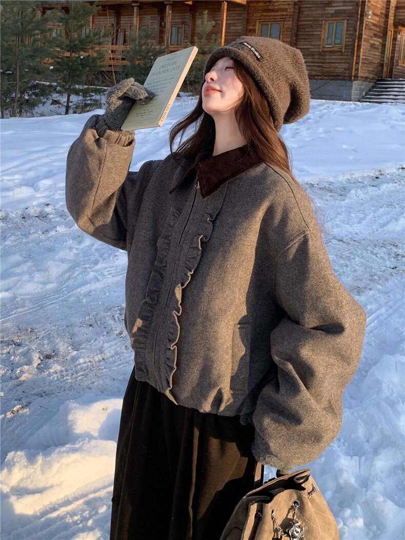 撞色翻领木耳边羊毛呢外套女冬季夹棉保暖呢子夹克女,女装棉衣/棉服,水衣源