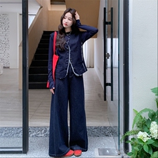 初秋穿搭无袖马甲阔腿裤牛仔套装女春秋季2025新款高级感洋气时尚，女装套装/套裙，2D076