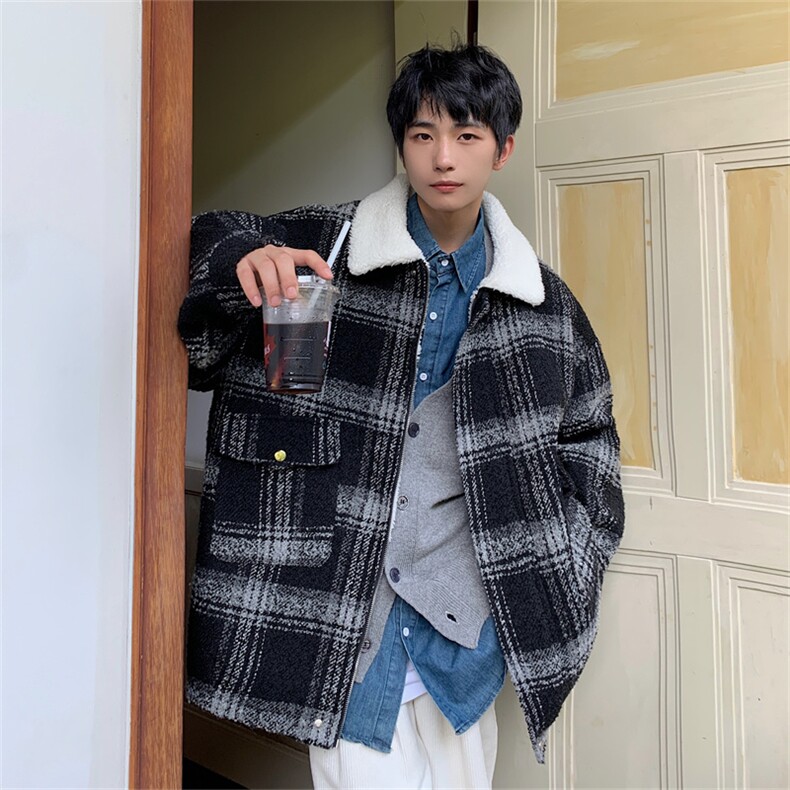 毛呢羊羔绒外套秋冬格子加绒加厚棉服美式高街外套A170-M809-P128,男装棉衣,电商A170