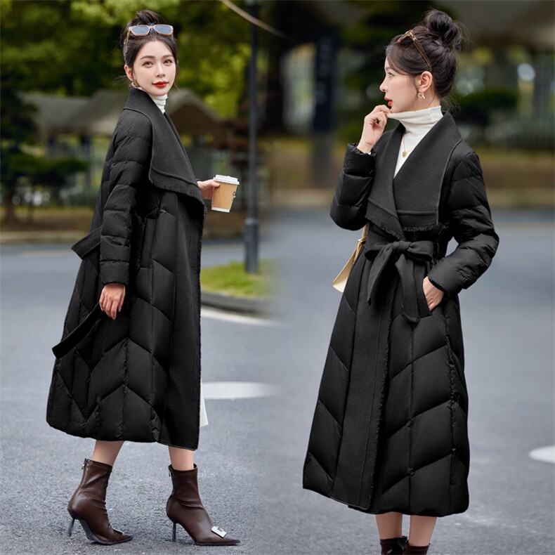 【bao款现货】2024新款冬装气质简约拼接流苏羊绒羽绒服白鸭绒,女装羽绒服,雅静靓衣