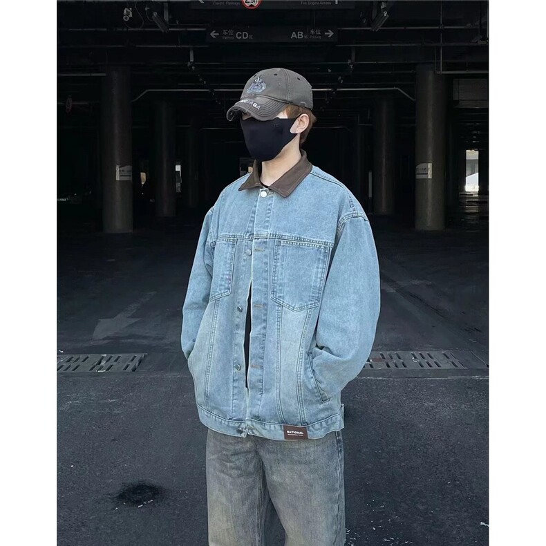 pu皮拼接牛仔外套男女春秋冬潮街头宽松BF翻领工装夹克HH49 P77图片