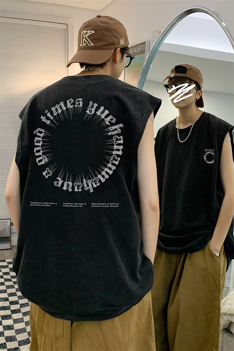 抖音供货、230克现货水洗棉印花宽松版无袖背心D223A-SB2328-P35,男装背心/马甲,电商019-1
