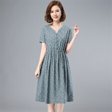 2021夏季新款时尚优雅气质减龄V领抽绳系带收腰碎花连衣裙，女装连衣裙，鑫鑫格