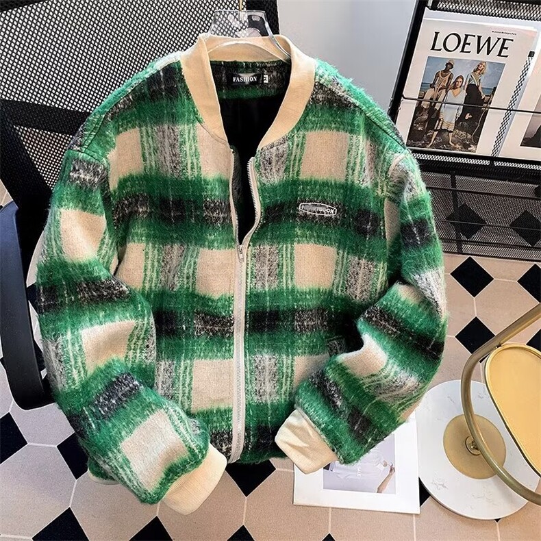 冬款拼色格子毛呢棒球服棉衣男潮牌夹棉加厚保暖外套MY315 P75图片