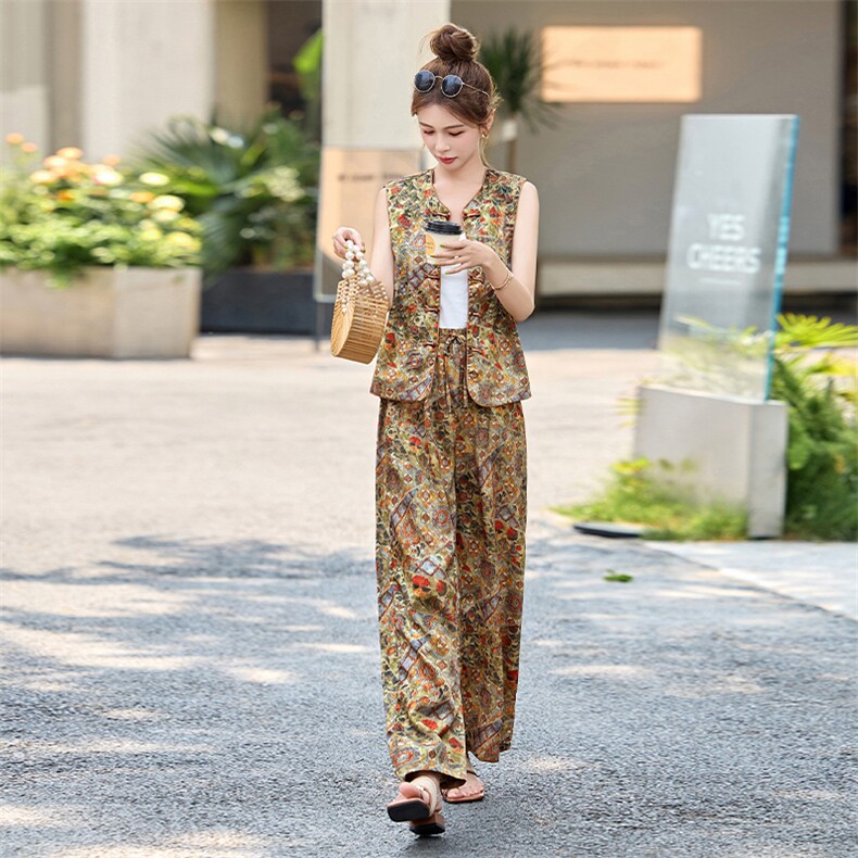 新中式国风套装女2025夏日新款巨好看的松弛感休闲无袖马甲三件套,女装套装/套裙,采品优优