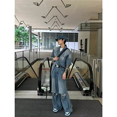 美式复古小众做旧牛仔衬衫男高街痞帅潮牌破洞牛仔裤衣服一套搭配，男装衬衫，星座1210-1