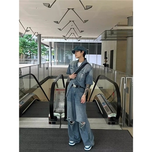 美式复古小众做旧牛仔衬衫男高街痞帅潮牌破洞牛仔裤衣服一套搭配