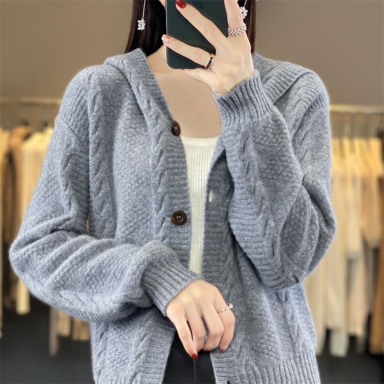 新款帽衫100%纯羊毛针织连帽开衫女秋冬外套羊绒短款毛衣宽松外搭,女装羊毛衫,蒙特羊绒