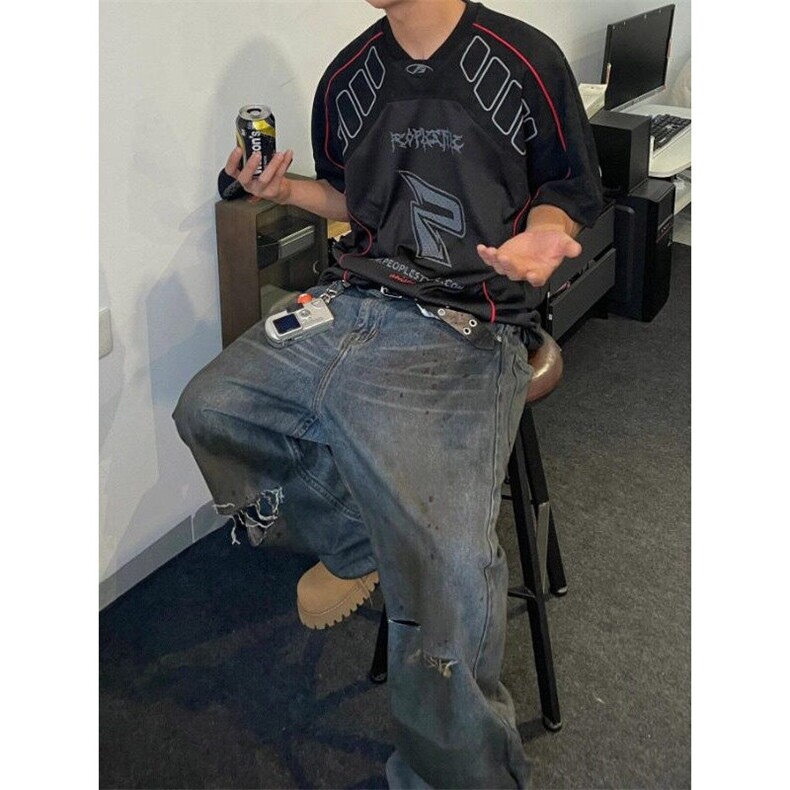 速干球衣风t恤潮牌网眼透气短袖男款夏季美式复古赛车骑行服T477,男装T恤,星座601-1