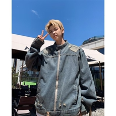小众破洞毛边工装牛仔外套男女春秋季复古立领机车夹克N1231/P80，男装夹克，星座506