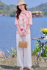 现货新中式刺绣印花套装女夏季新款复古盘扣上衣减龄两件套女，女装套装/套裙，韩蔻秀