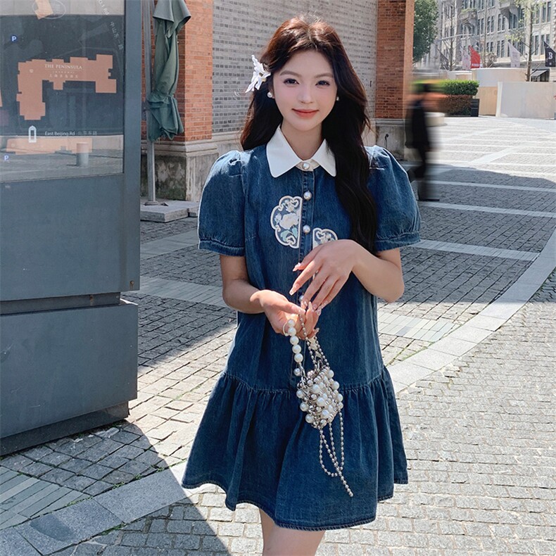 蓝色风牛仔连衣裙女夏2025新款宽松时尚复古刺綉裙子年轻,女装连衣裙,红龙果