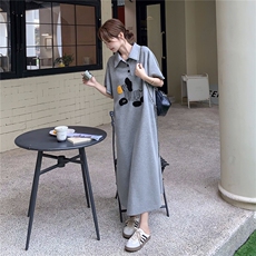 气质卡通小斑马设计polo连衣裙夏季2025复古减龄淡人宽松显瘦长裙，女装连衣裙，2D041
